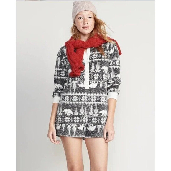 Old Navy Fleece Pajama‎ Shorts Romper Winter Bear Print Jumpsuit Size XL - Picture 1 of 7
